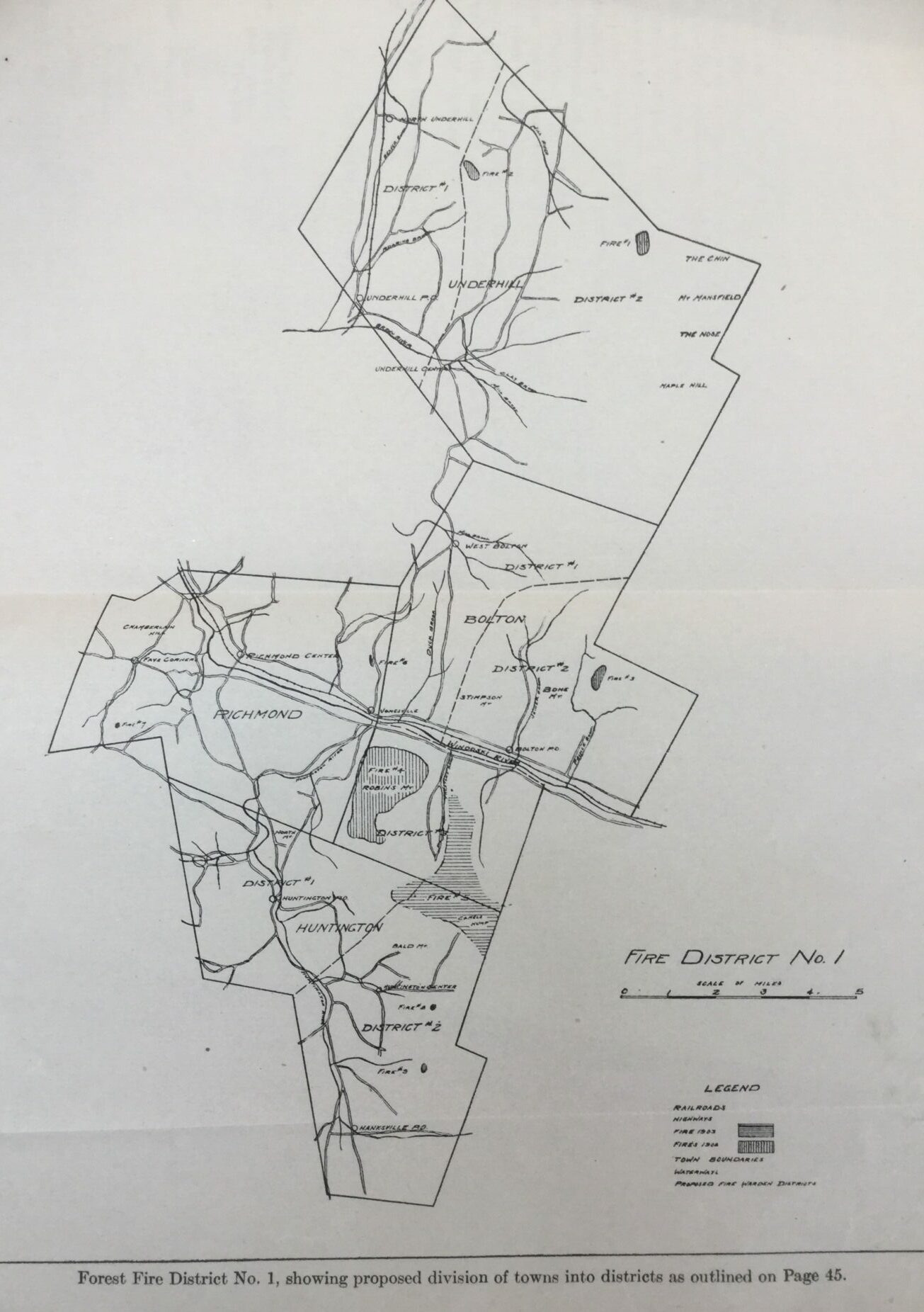 A map of the fires in Richmond and Huntington, including a fire on Camel's Hump ()